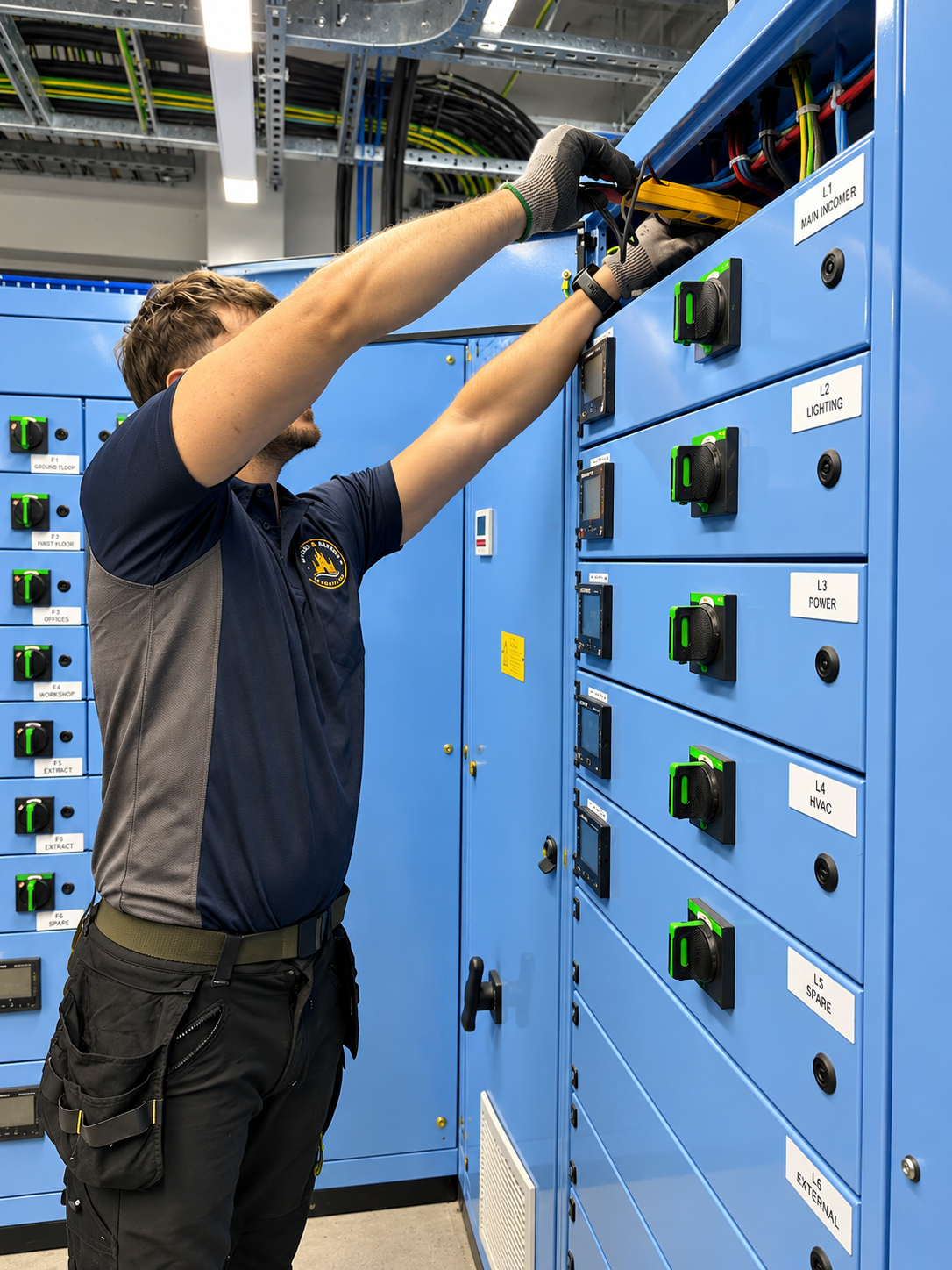 A technician working on electrical panels inside a facility, with labels indicating different power and HVAC circuits.