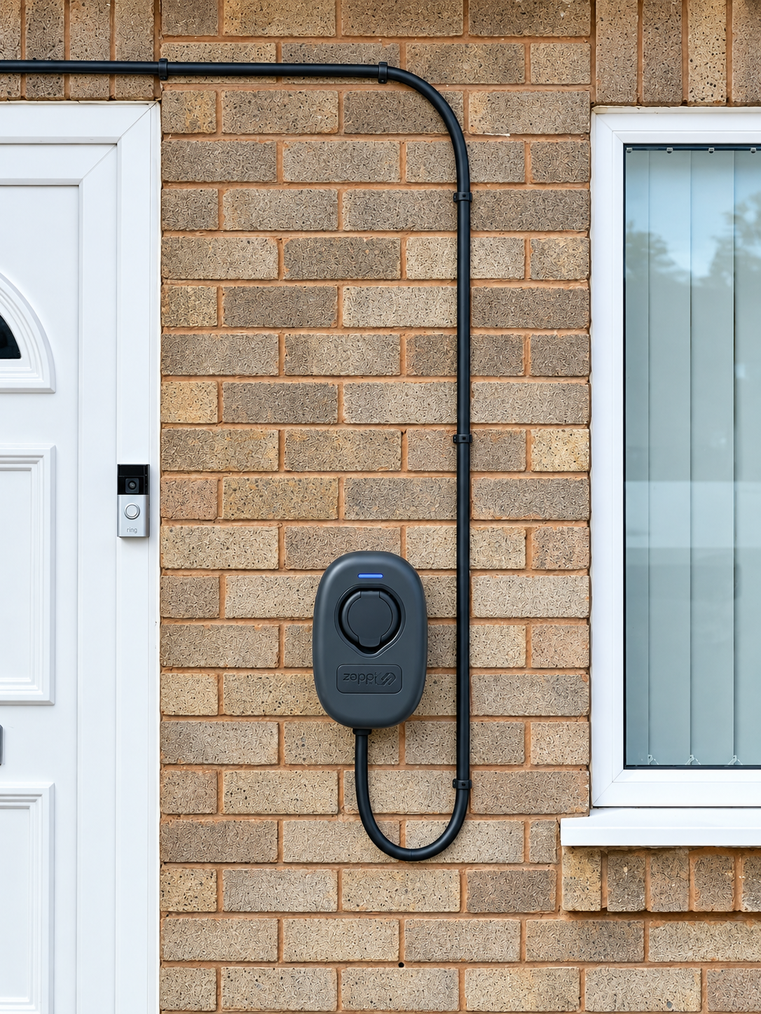 Electric vehicle charger mounted on a brick wall outside a house, next to a window and a door with a security keypad.