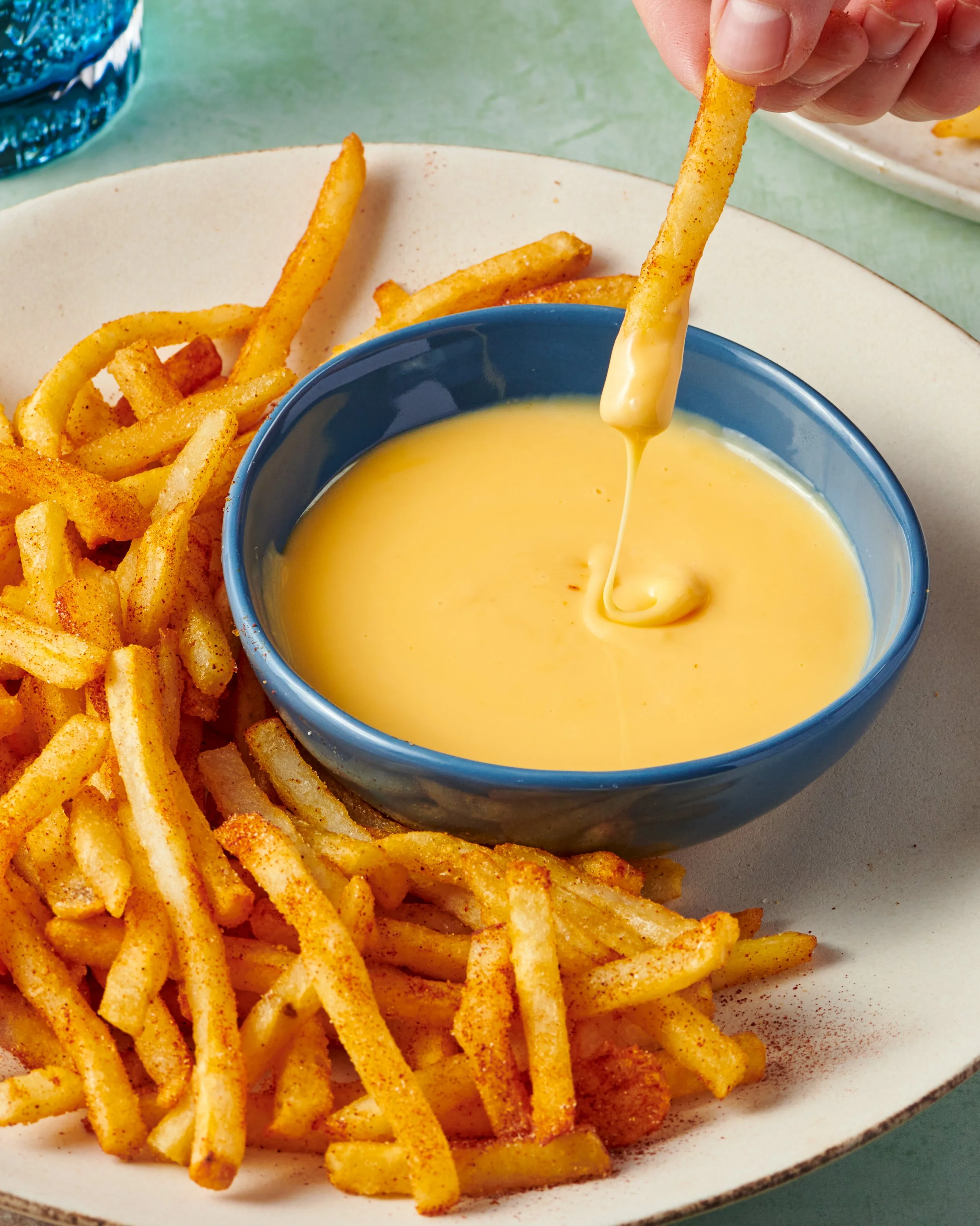 French fries in a bowl with cheese dip