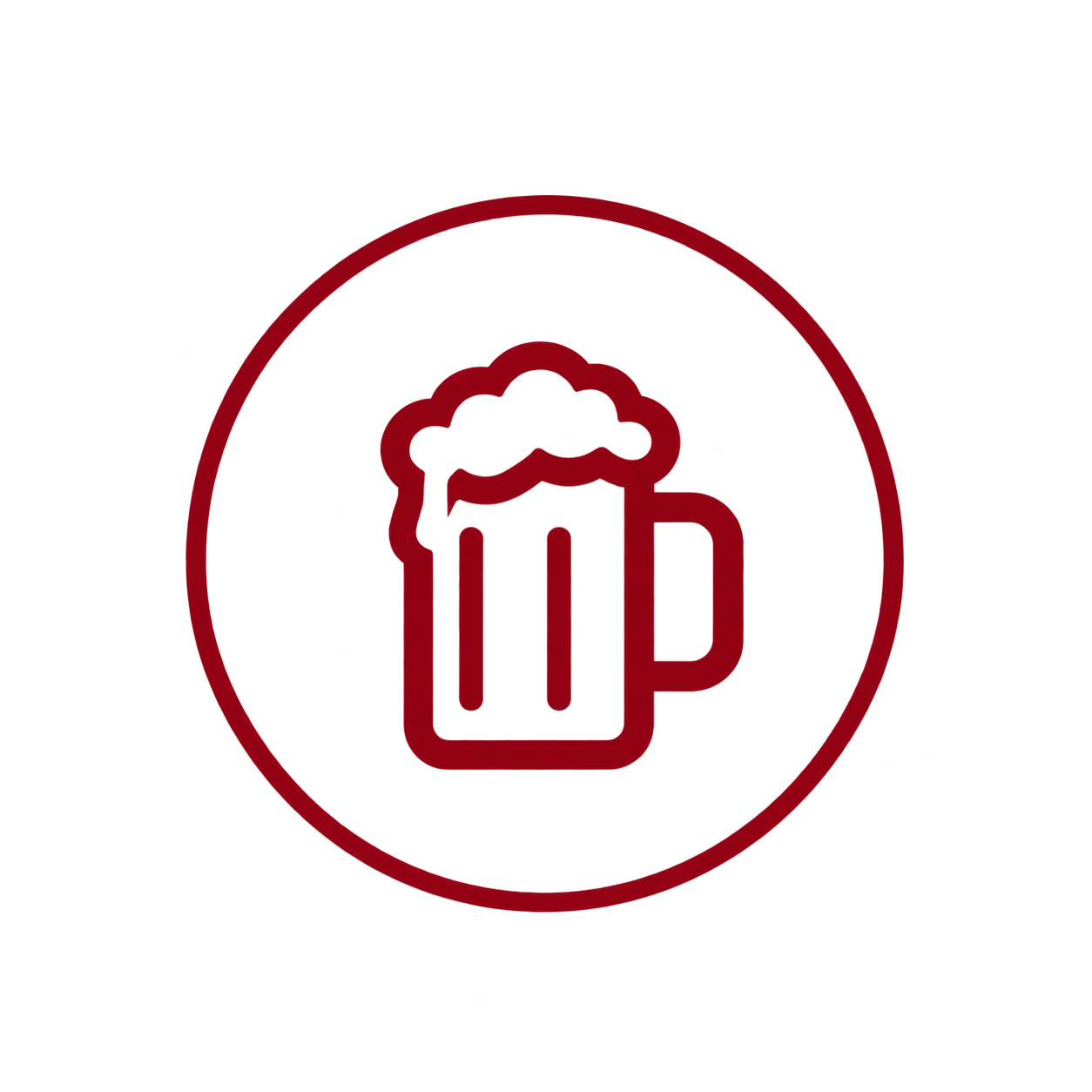 Red outline of a beer mug with foam, inside a red circle.