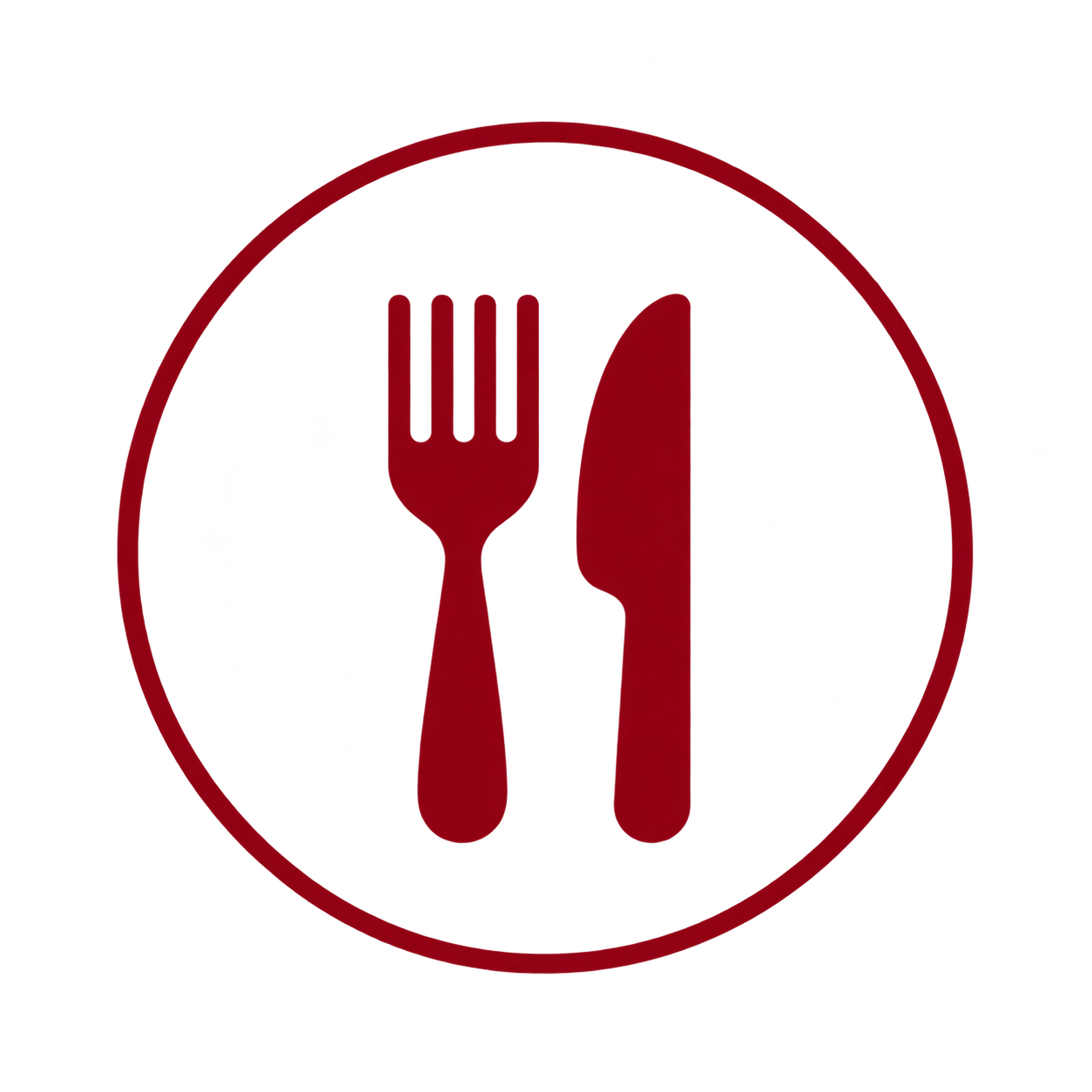 Red circular icon with fork and knife silhouettes symbolizing food or dining.