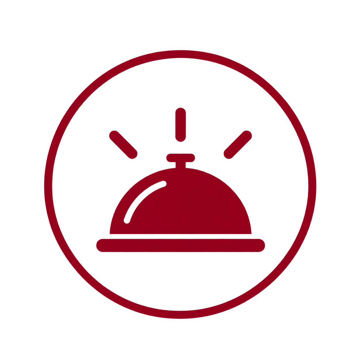 Red alarm clock icon with a circular border and two bells on top.
