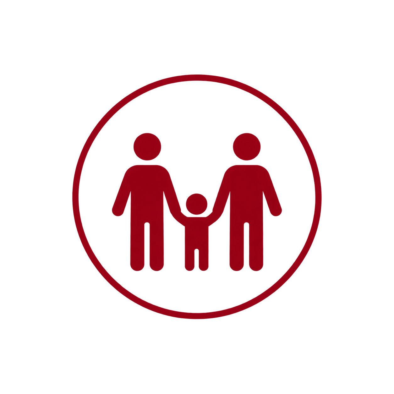 Icon of two adults and a child holding hands, inside a red circle