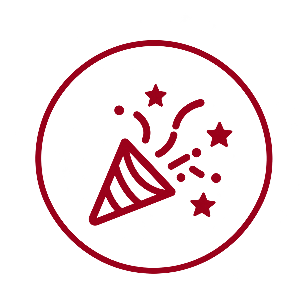 A circular icon with a party popper emitting stars and confetti, outlined in red.
