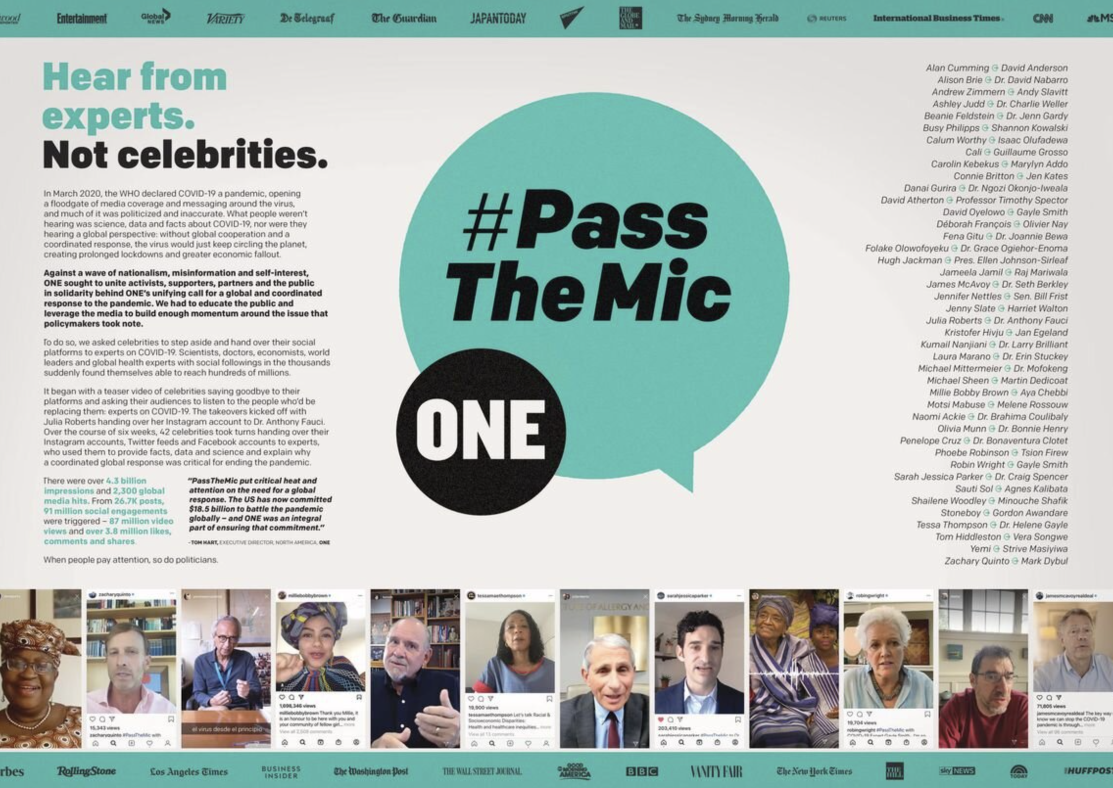 A collage featuring a digital poster advocating for COVID-19 vaccination, emphasizing listening to experts rather than celebrities. The poster includes large text saying "Hear from experts. Not celebrities" and "#PassTheMic". It contains a paragraph explaining the importance of global scientific voices in pandemic response, and a list of prominent health and science experts. Below the poster, there are multiple rows of video call images of diverse people participating in a virtual event.