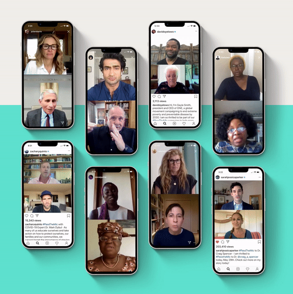 A collage of ten people participating in a virtual video call on their smartphones, each in different indoor settings, with some wearing glasses and others smiling or listening.