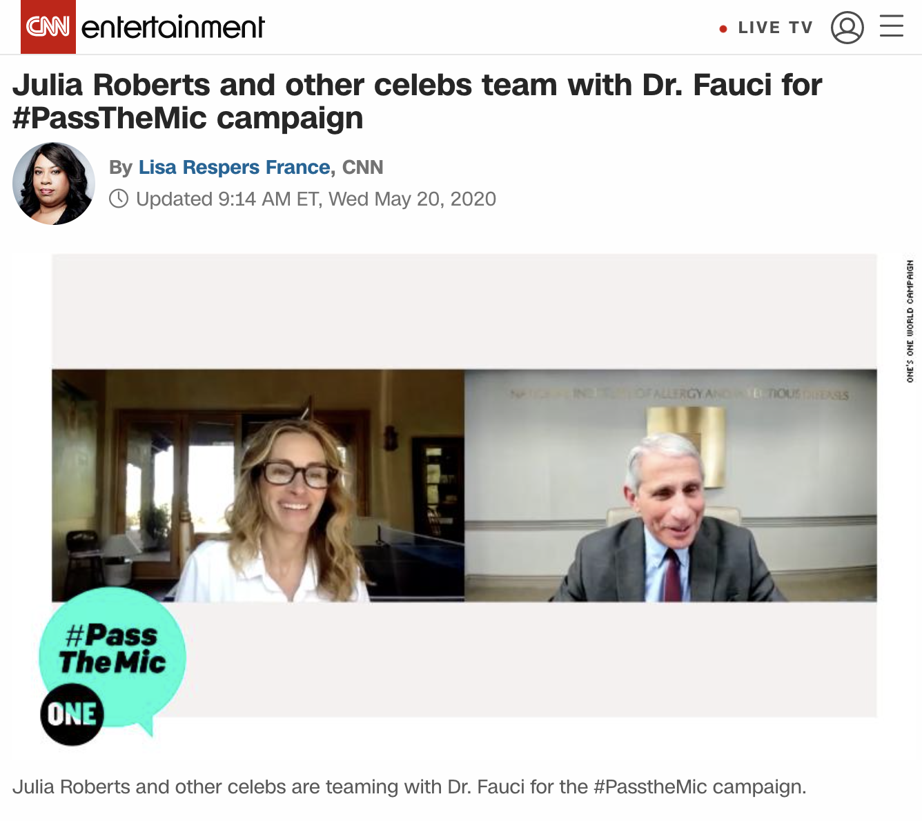 Screenshot of a CNN article showing two people video conferencing, Julia Roberts and Dr. Fauci, for the #PassTheMic campaign. Julia Roberts is smiling on the left and Dr. Fauci is smiling on the right. There is a CNN logo in the top left corner.