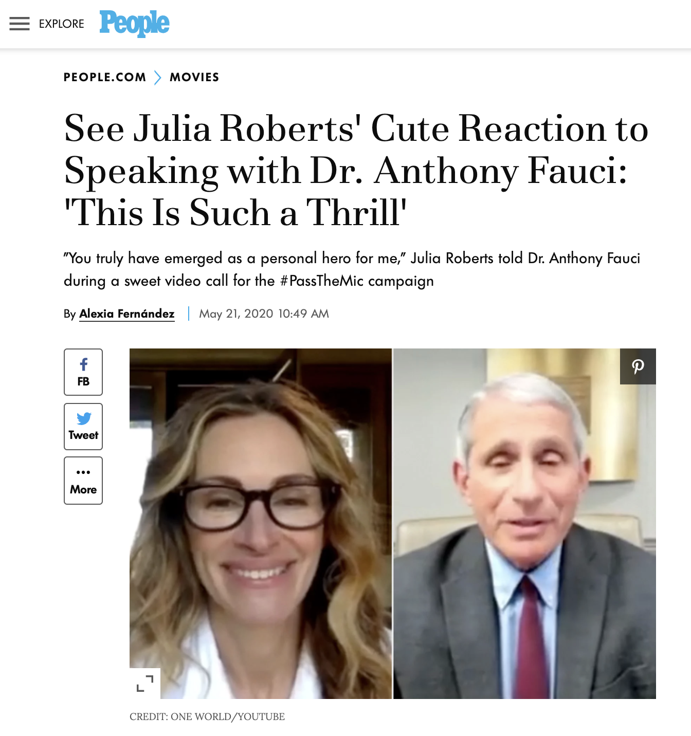 Image shows a webpage with a headline about Julia Roberts reacting to a video call with Dr. Anthony Fauci. Below the headline are two side-by-side photos of Julia Roberts with glasses and Dr. Fauci in a suit.