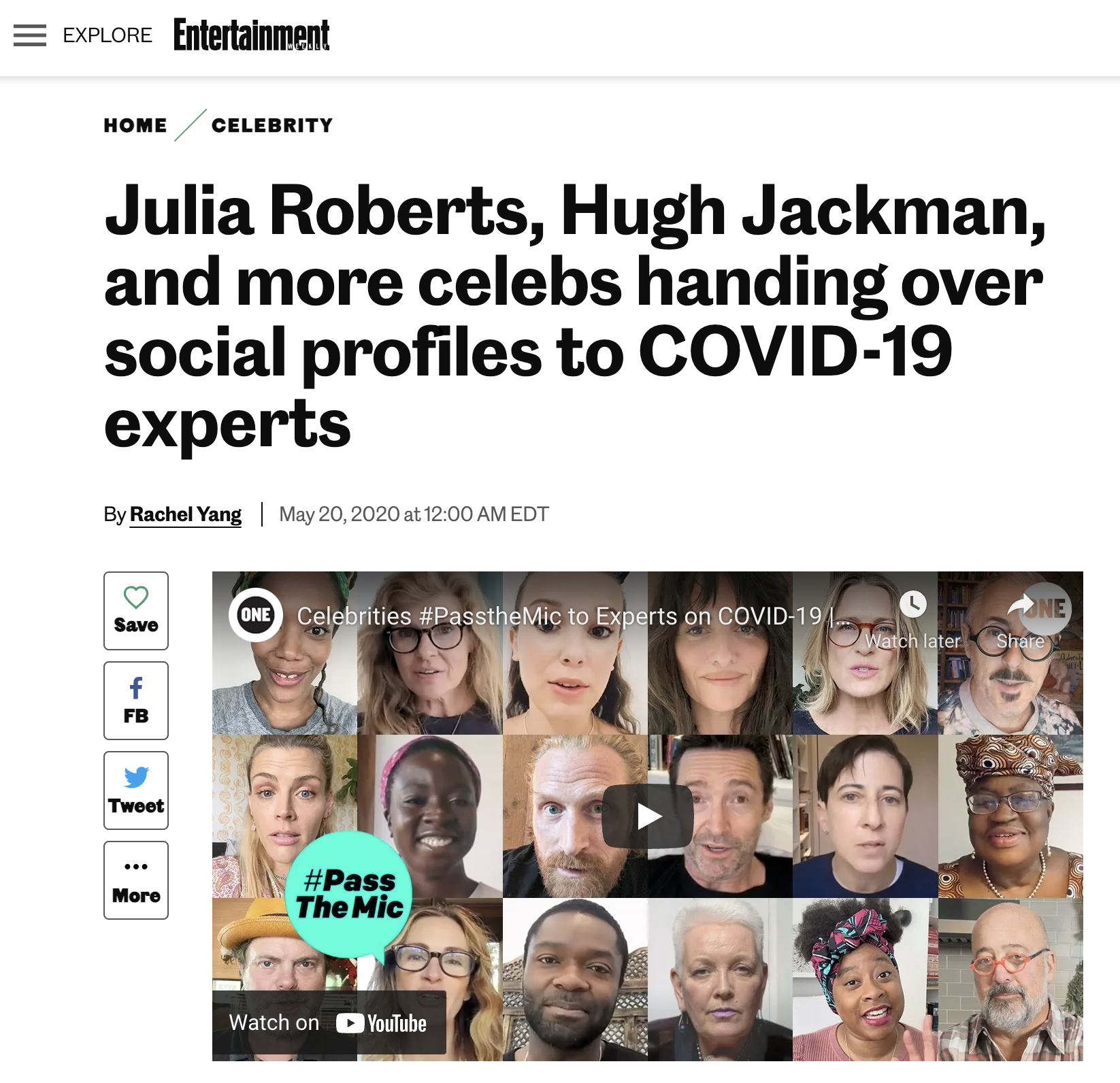 A web page article from Entertainment Weekly titled "Julia Roberts, Hugh Jackman, and more celebs handing over social profiles to COVID-19 experts" with a grid of diverse celebrity faces below the headline.