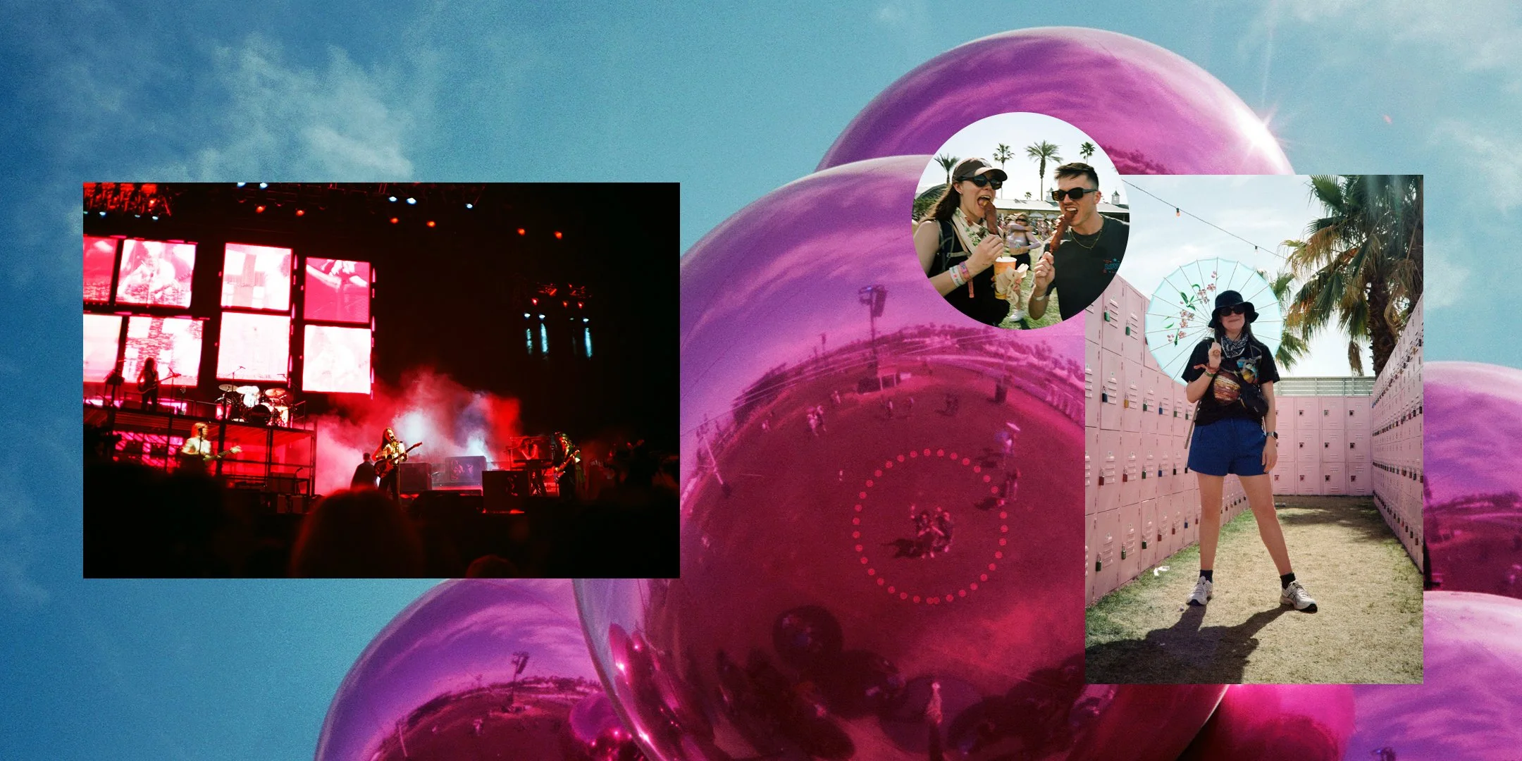 Collage of a live music concert, two friends enjoying food and drinks, and a woman posing with an umbrella in a colorful outdoor setting, all against a backdrop of pink balloons.