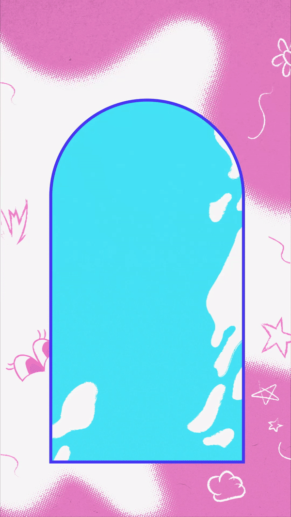 A pink background with various doodles, including stars, clouds, and flowers, featuring a large arched window with a blue outline and opaque glass.