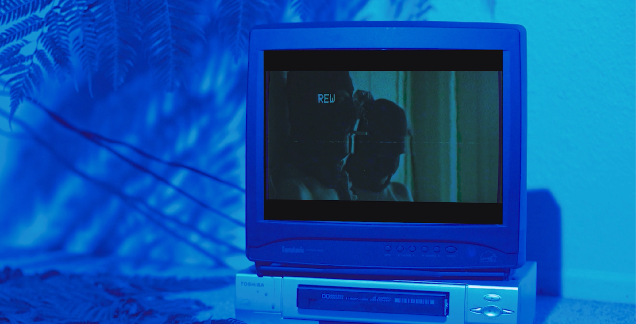 A CRT monitor displaying a static-filled video of a woman with a man, with the word 'REW' on the screen, placed on a desk with a Toshiba device below it, against a blue background with fern shadows.