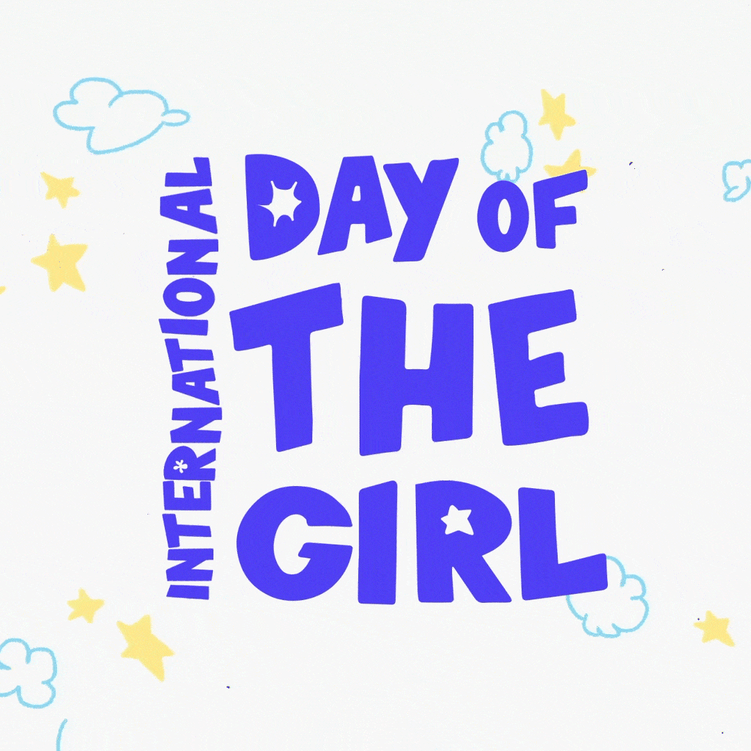 Colorful graphic with the phrase 'International Day of the Girl' in bold blue letters, surrounded by yellow stars and light blue clouds on a white background.