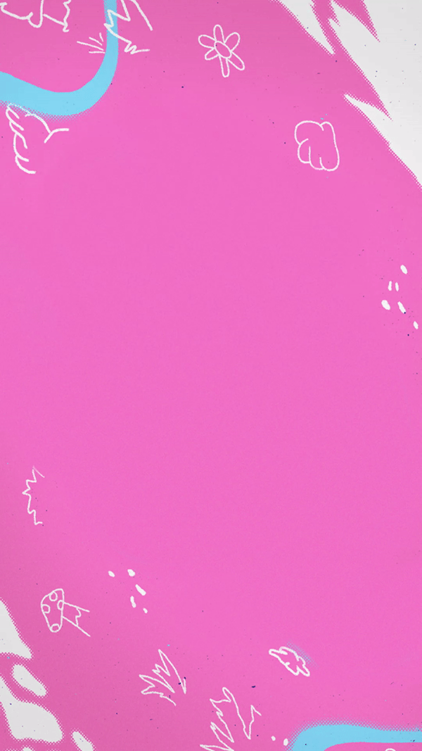 Pink background with white doodles of flowers, a bunny face, and abstract shapes.