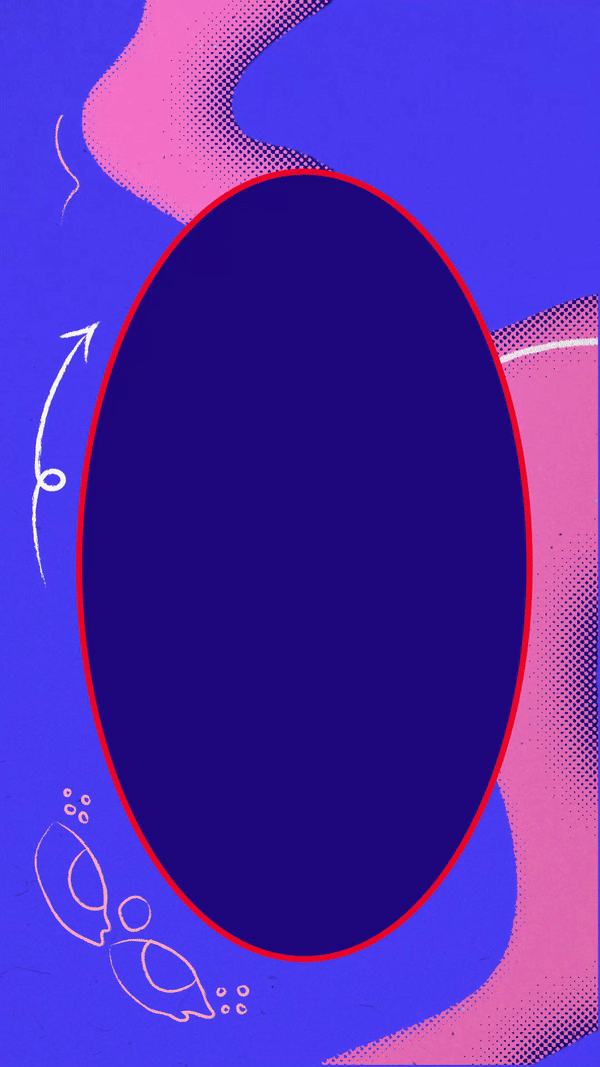 A digital abstract background with pink and purple gradient colors, dotted patterns, and white outlined fish and bubbles around a large dark oval shape outlined in red.