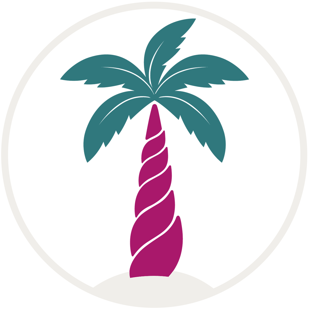 Unicorn Island logo with stylized palm tree with purple trunk that doubles as a unicorn horn and teal leaves.