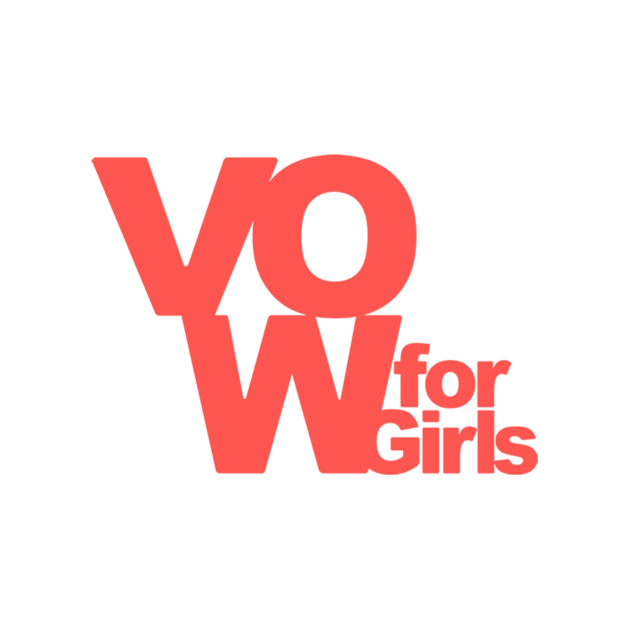 Graphic text reading 'VOW for Girls' in bold red letters on a black background.