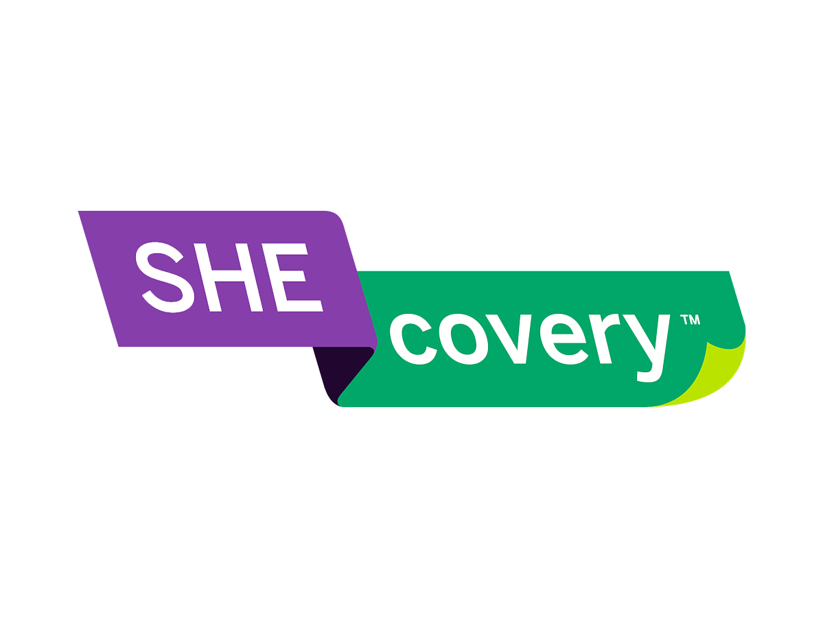 Logo for 'Shecovery,' with 'SHE' on a purple ribbon and 'covery' on a green ribbon.