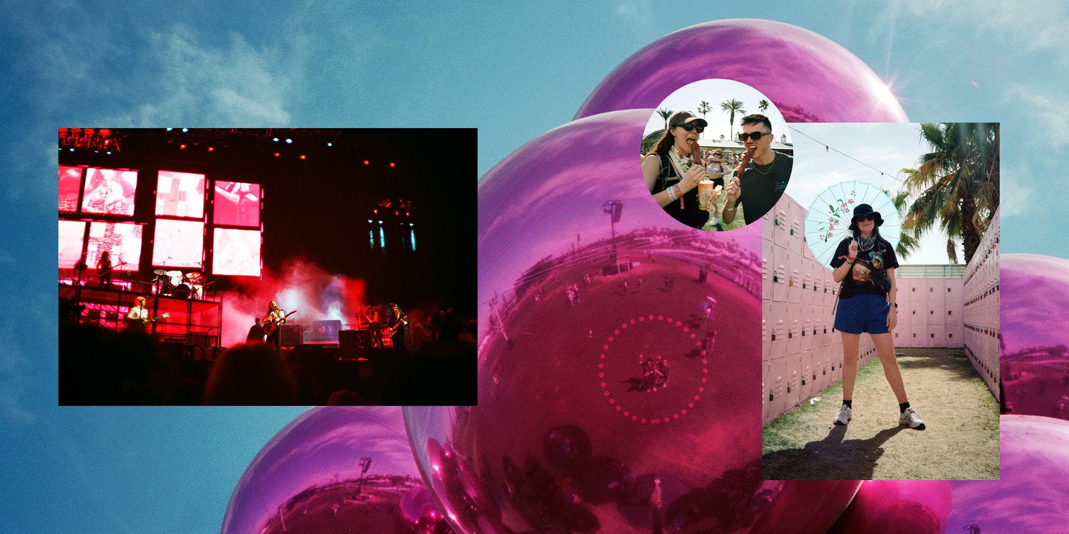 Collage of three photos over a background of pink balloons. The first photo shows a red-lit concert stage with musicians performing. The second photo features two women eating ice cream and smiling, set against a backdrop of palm trees. The third photo depicts a woman standing with an umbrella among lockers, wearing a hat and sunglasses.