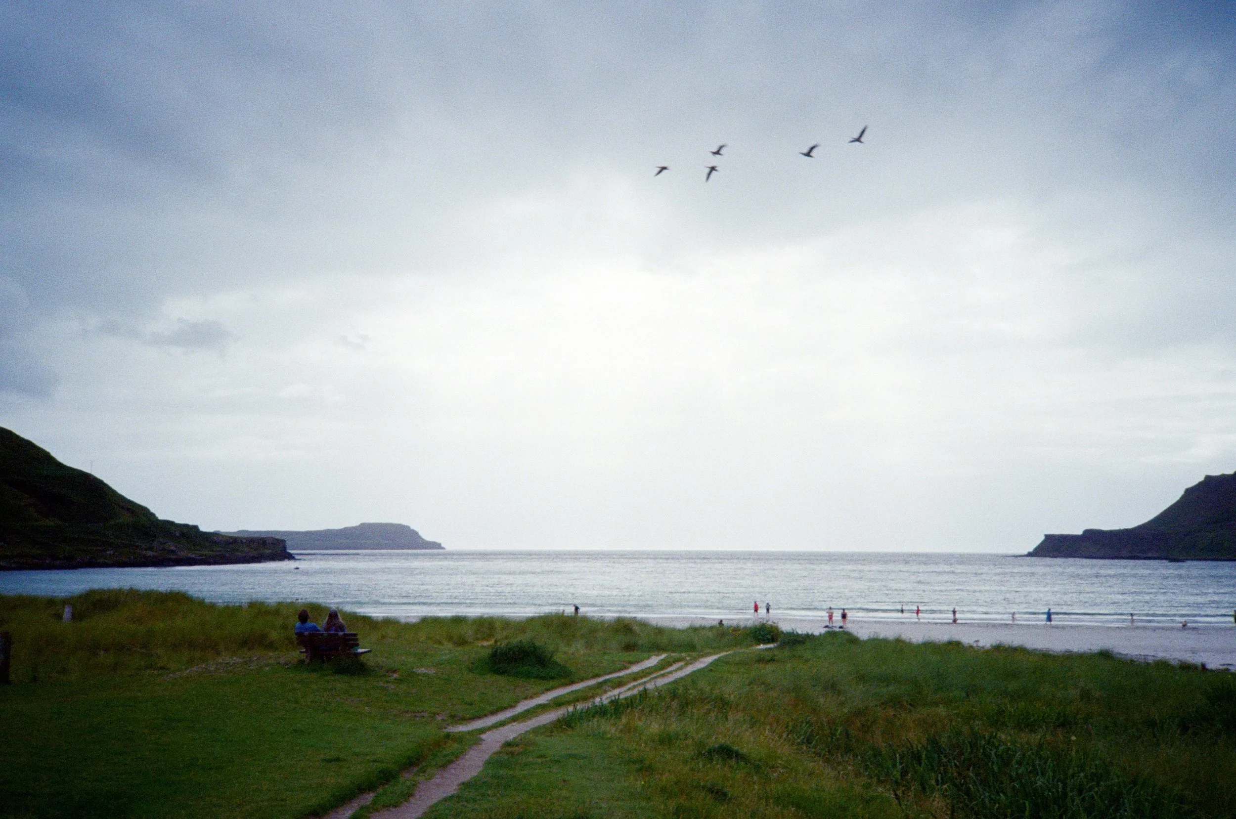 A scenic view of a lake or sea with landmasses on either side under a cloudy sky, and several birds flying in formation across the sky. There are small figures and benches along the grassy shoreline in the foreground.
