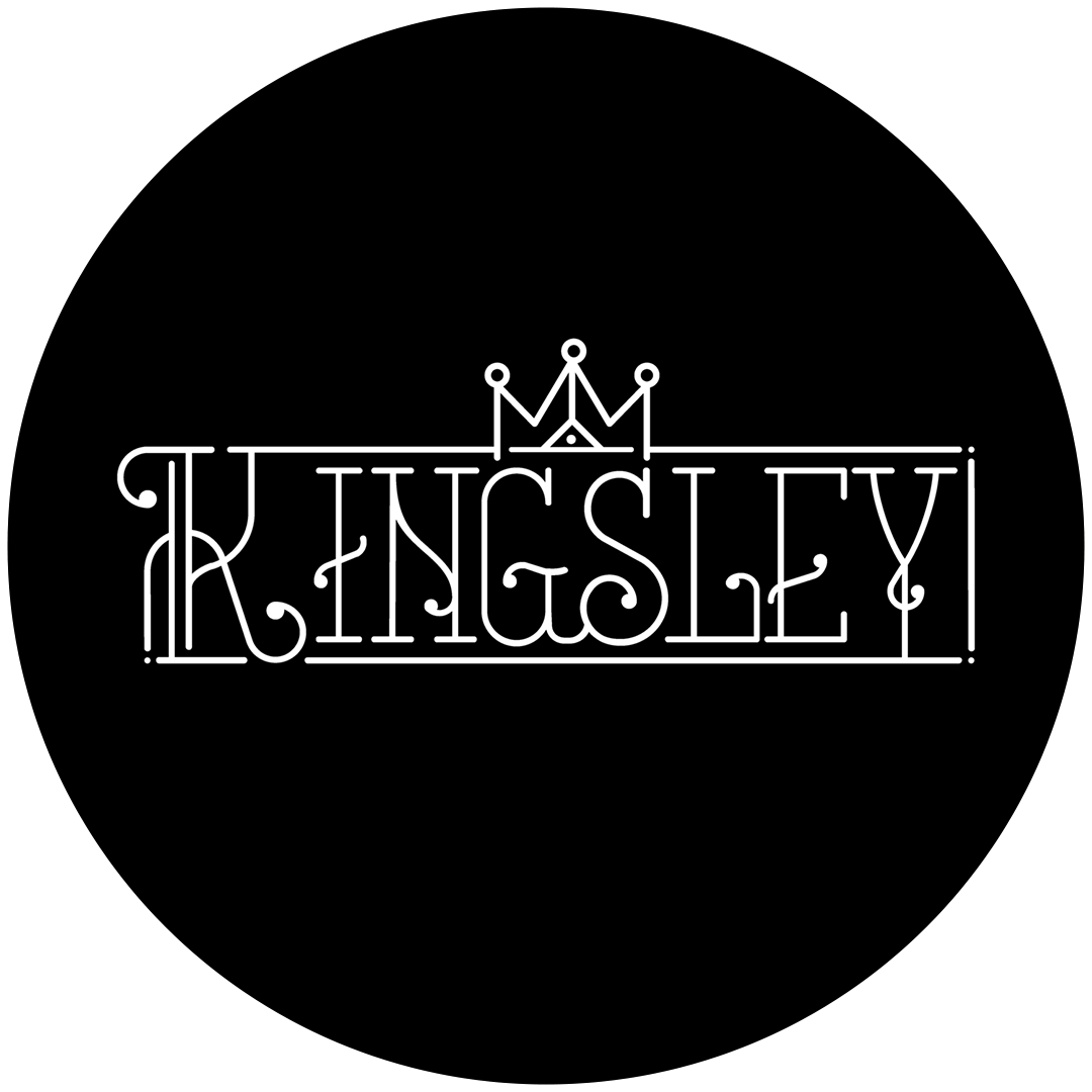 White text reading 'KINGSLEY' with a crown above the letter 'G' on a black background.