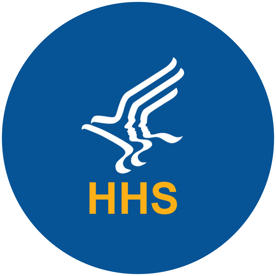 Logo of Health and Human Services featuring three stylized birds flying above the letters 'HHS' in yellow on a blue background.