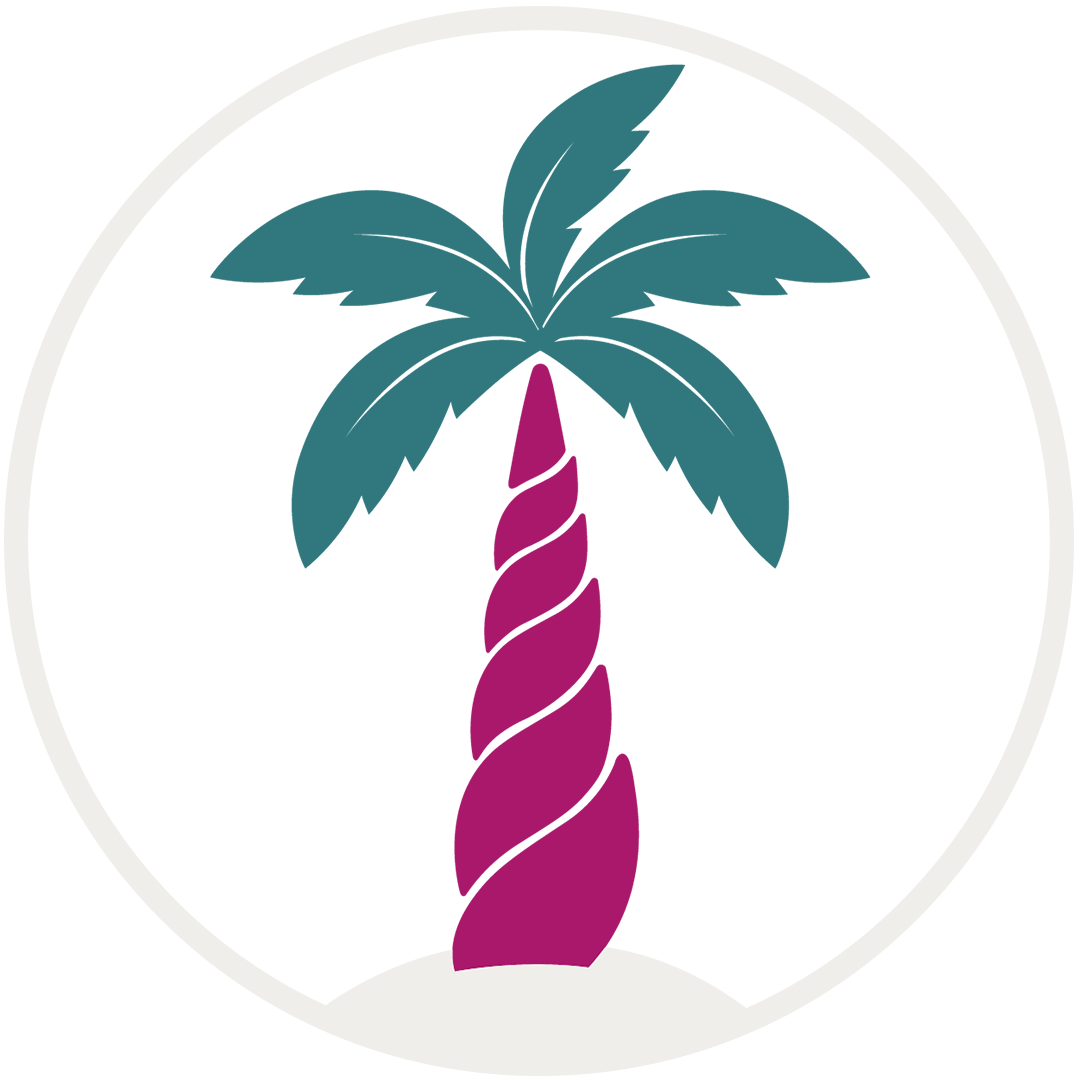 Unicorn Island logo of stylized palm tree with blue leaves and a magenta twisted trunk resembling a unicorn horn on a white background.