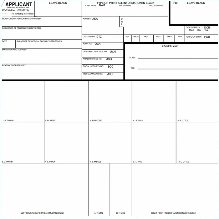 Standard FD-258 Fingerprinting Card