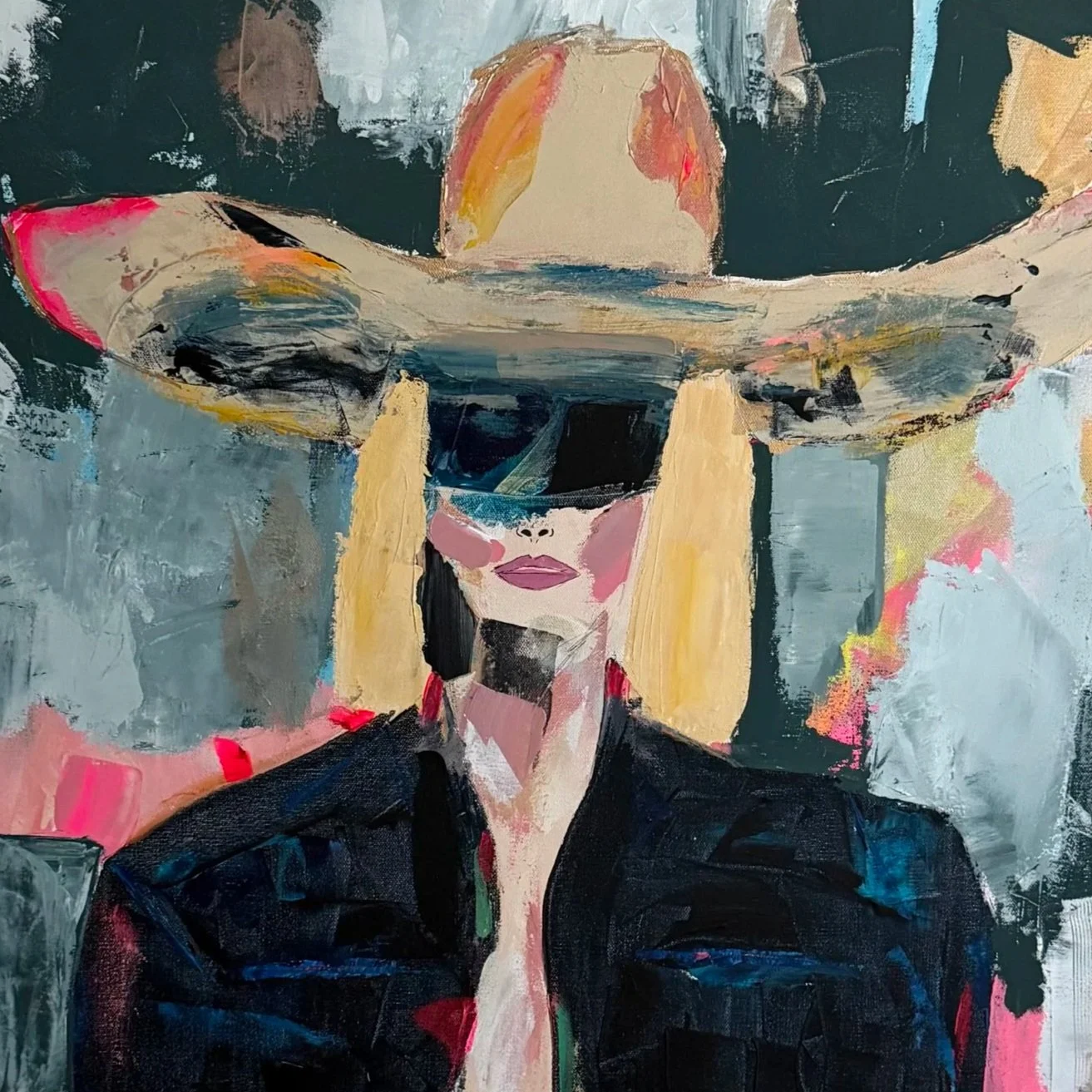 An abstract painting of a woman wearing a large hat and sunglasses, with bold brushstrokes and vibrant colors.