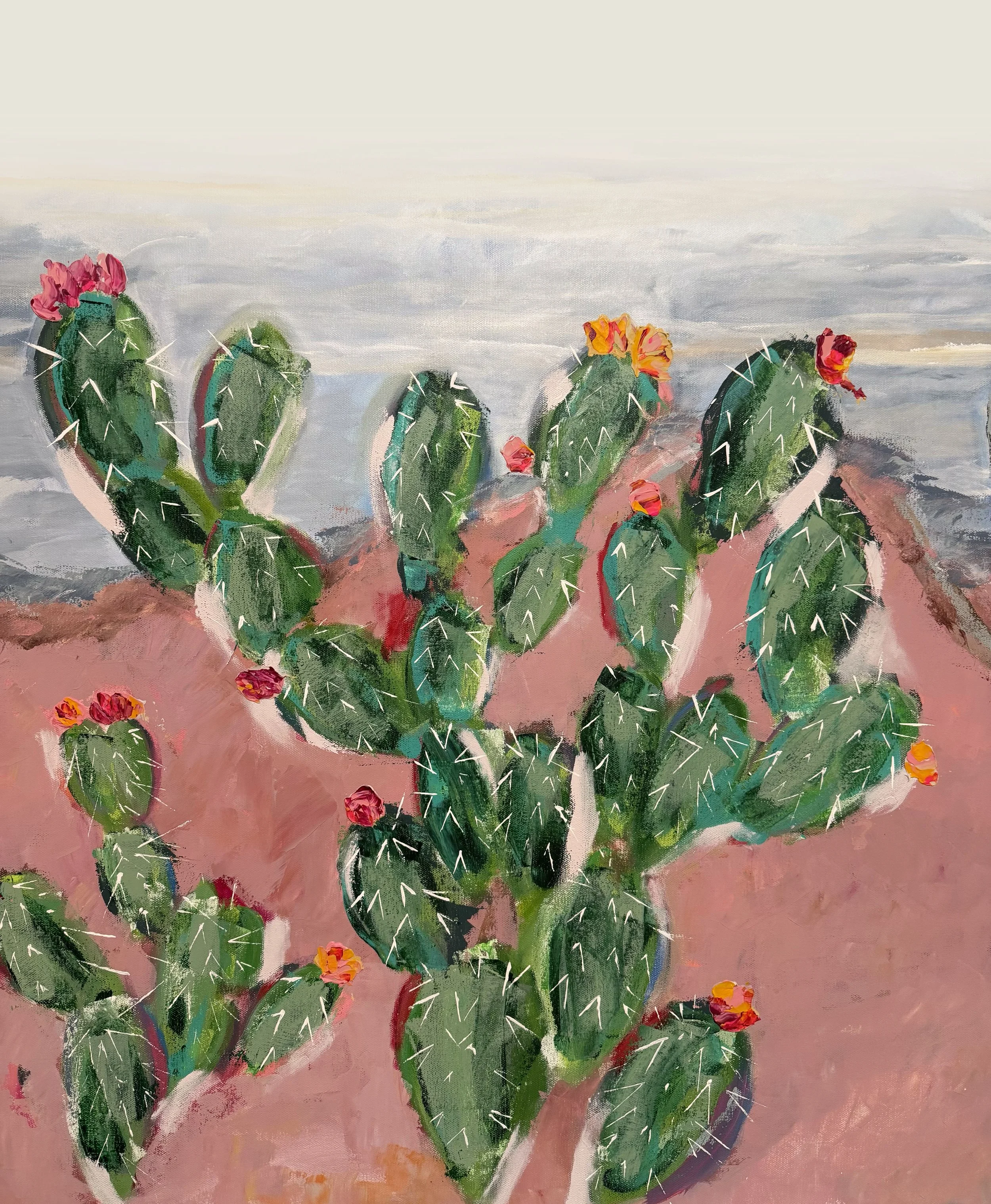 A painting of green cactus plants with pink, orange, and red flowers on a pinkish background, painted with visible brushstrokes.