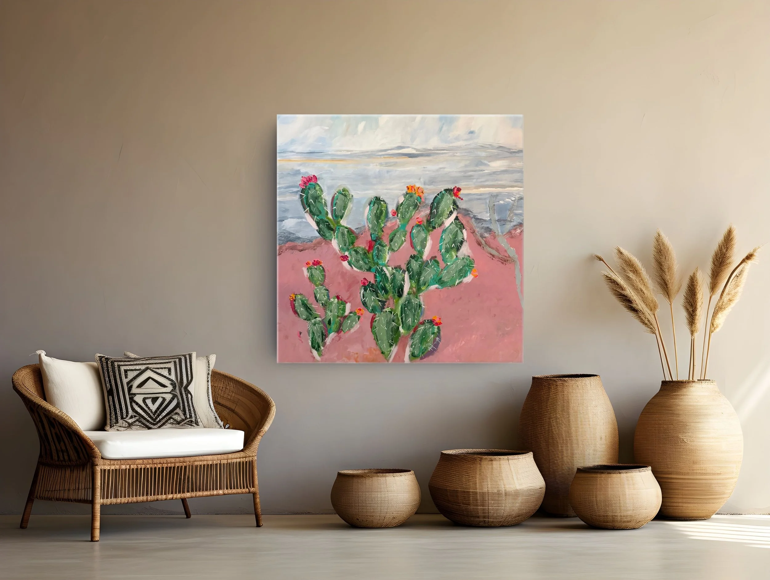 A living room wall decorated with a painting of a cactus and desert landscape, a wicker chair with a pillow, and a collection of woven vases and a lamp.