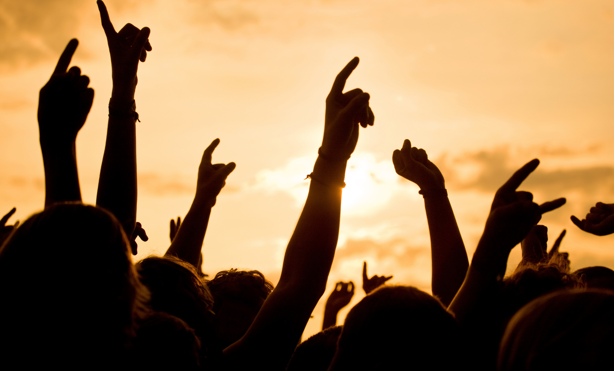 Silhouettes of multiple hands raised in the air against a sunset sky, some making gestures like peace signs and pointing upward.