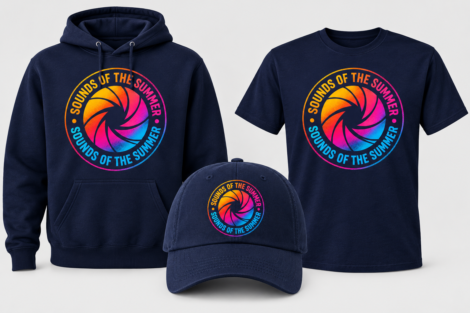 Set of navy blue clothing and accessories with colorful circular logo reading 'Sounds of the Summer,' including a hoodie, t-shirt, and baseball cap.