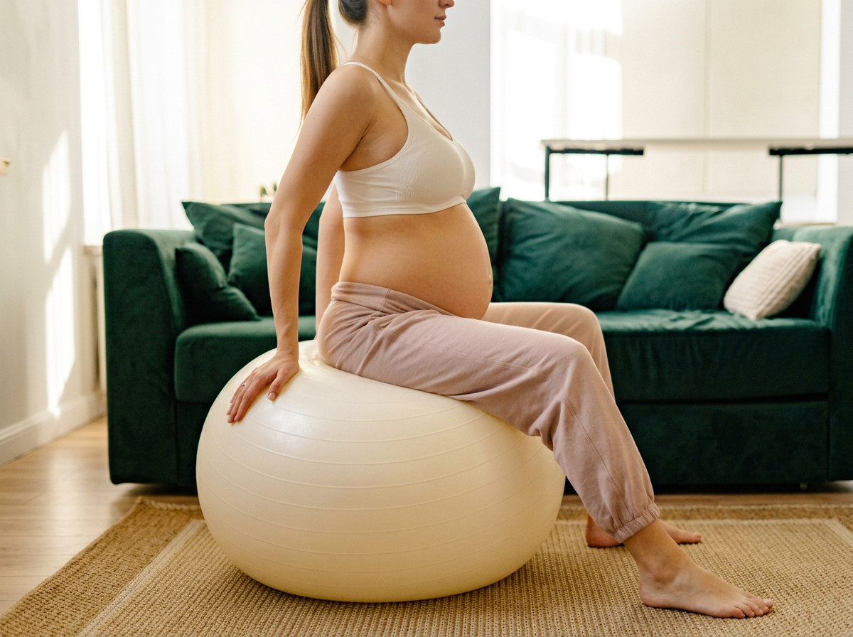 Mulher grávida sentada em uma bola de exercícios no interior de uma sala de estar, com sofá verde ao fundo.