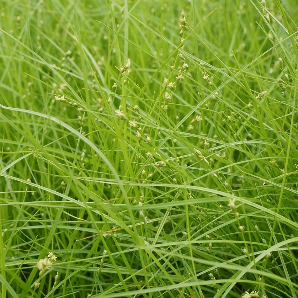 close up of leaves and flowers of curley woods sedge