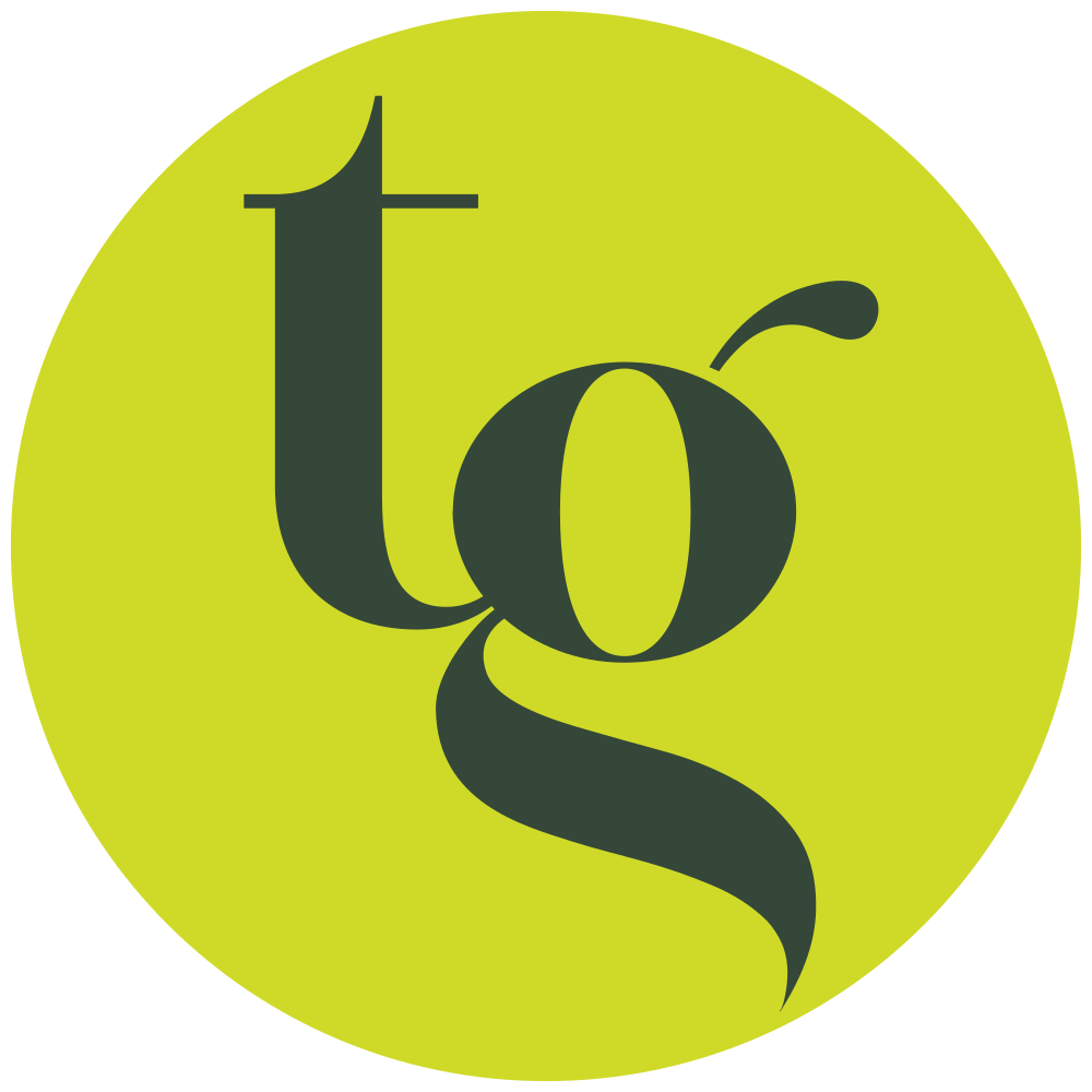 A lime green circular background with the black lowercase letters 't' and 'g' stylized to resemble a plant or leaf.