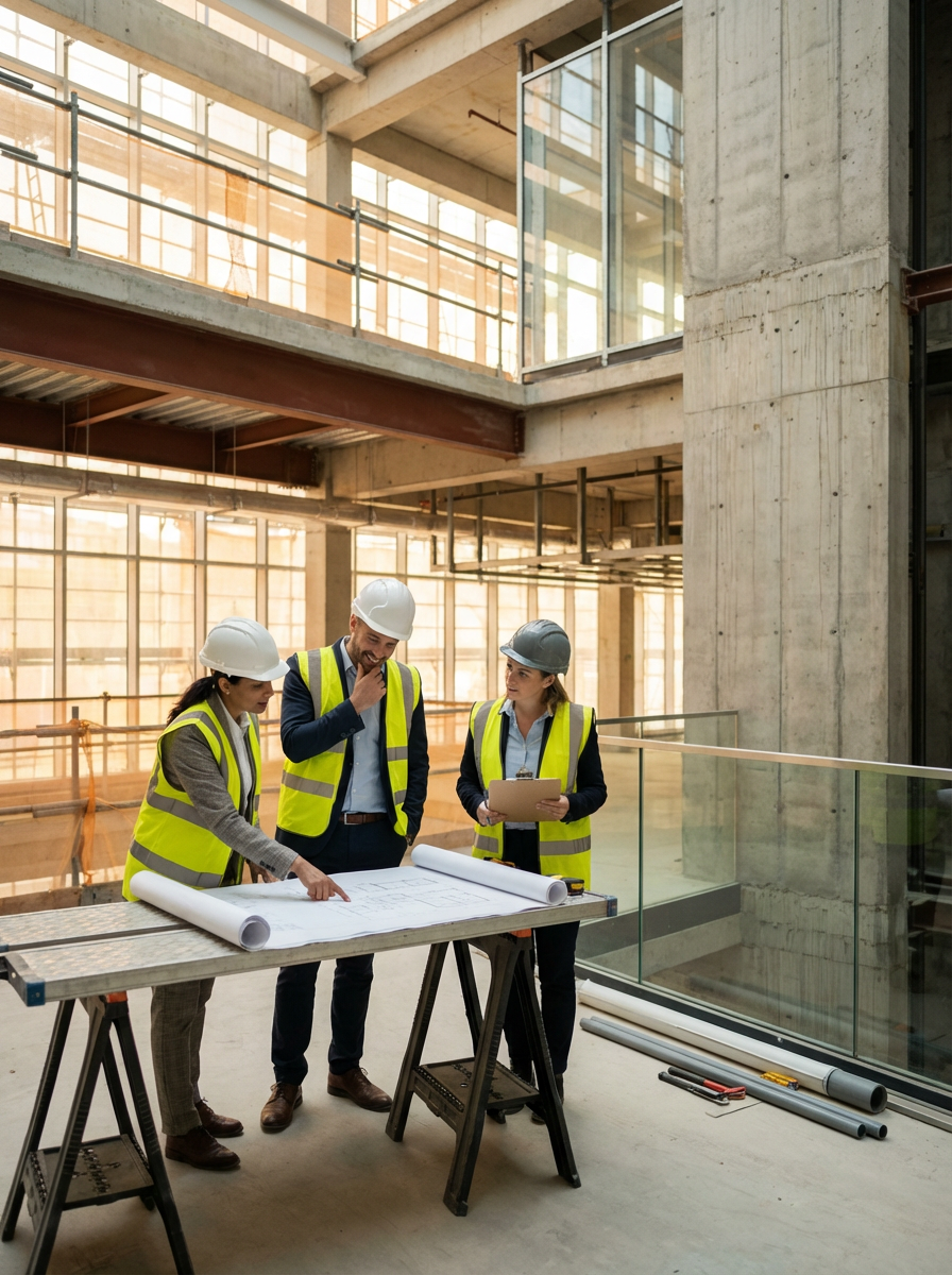 Three project managers are reviewing engineering and architectural plans on a job site