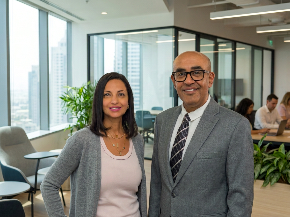 Aflred Farag and Christine Farag in an office setting standing side by side