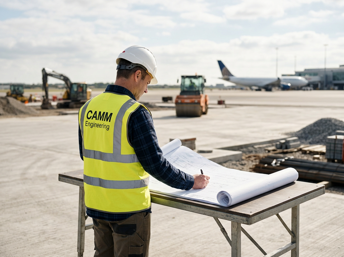 Project Manager wearing hard hat and safety vest at an airport construction site reviewing project plans