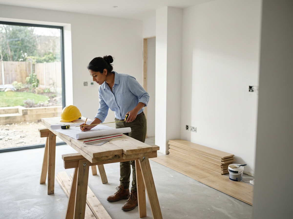 Woman in a blue shirt and green pants measuring a blueprint on a wooden work table in a house under construction with a yellow hard hat nearby.
