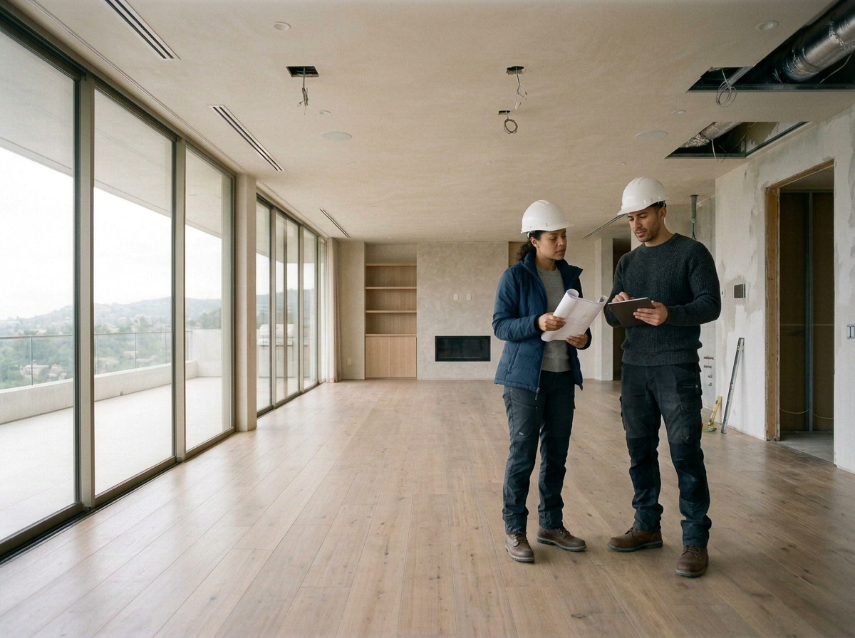 engineers working on final tochups of a house