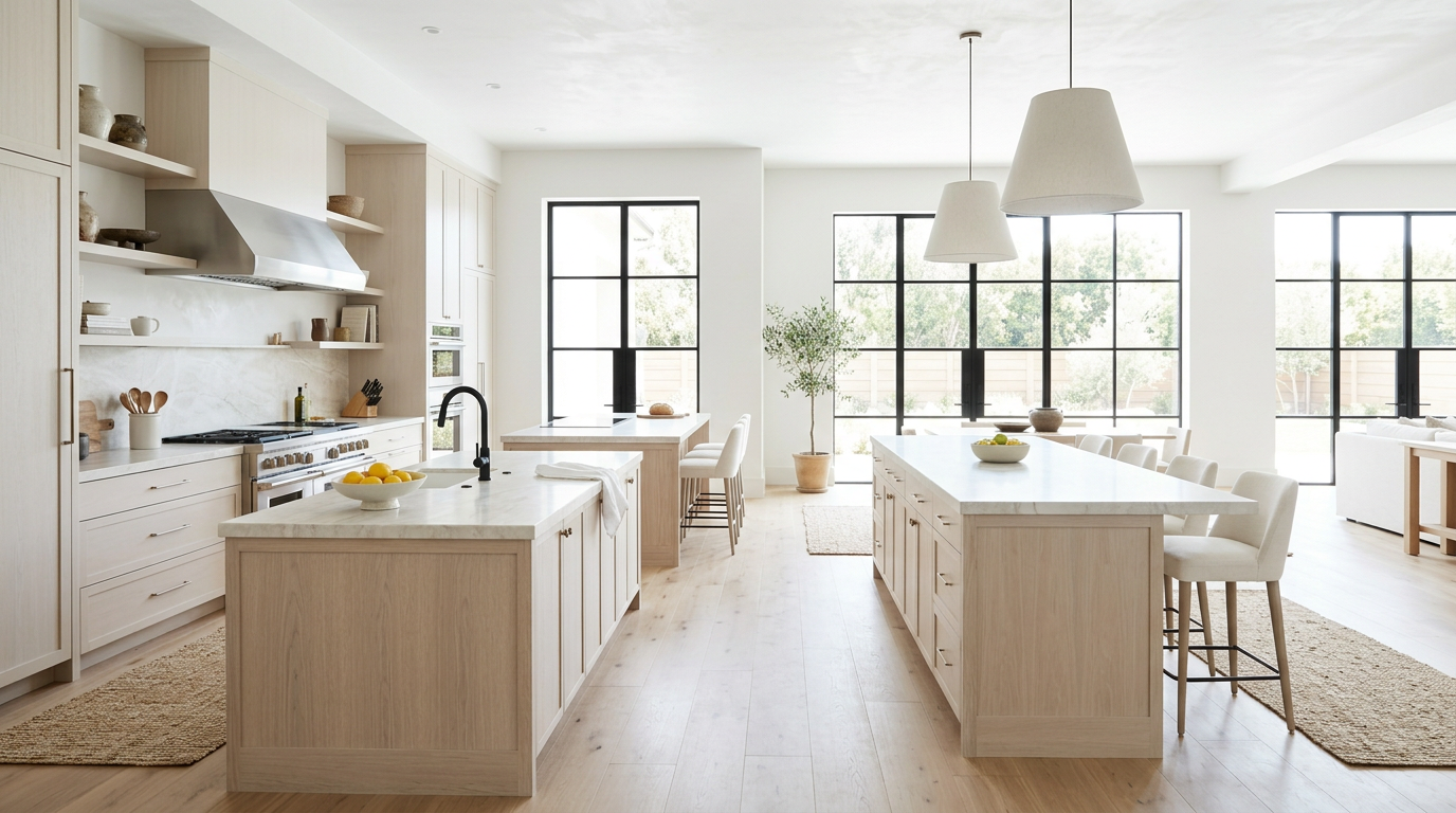 Bright, airy kitchen with white cabinetry, two large islands with barstools, and a dining area in the background. Large windows allowing natural light, minimalist decor, with light wood flooring and neutral tones.