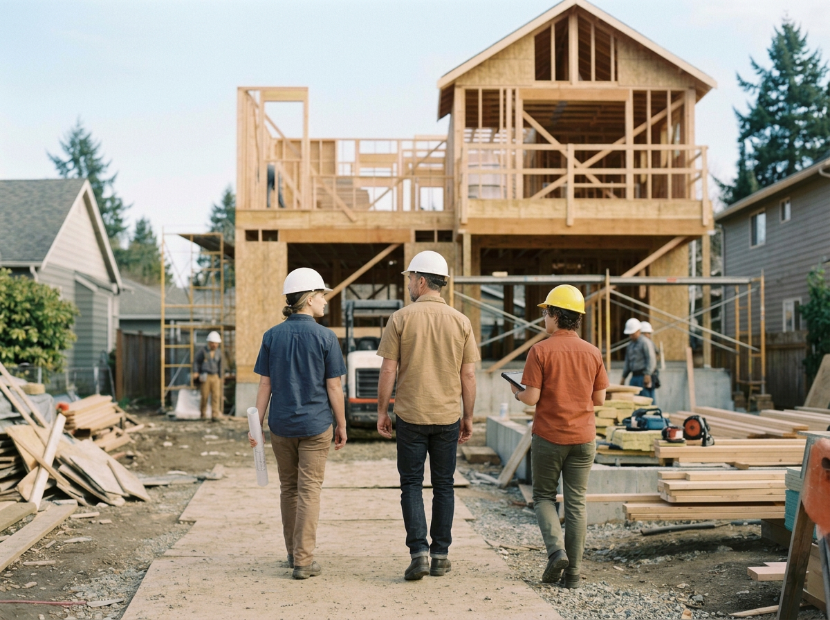 Construction workers with hard hats inspecting a wooden house under construction in a residential neighborhood.