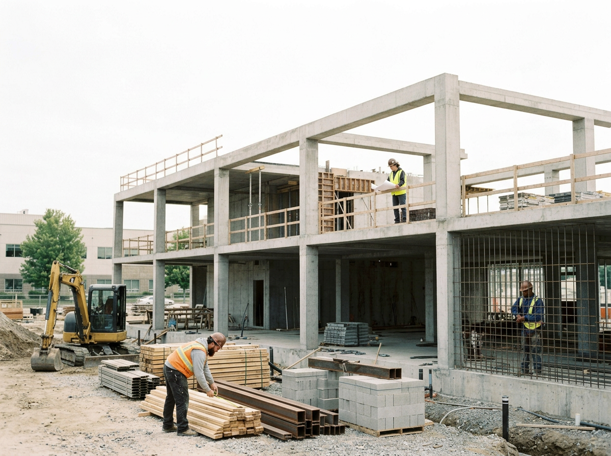 Construction workers on a multi-story concrete building site, with wood and metal materials on the ground, a small excavator, and workers inspecting plans.