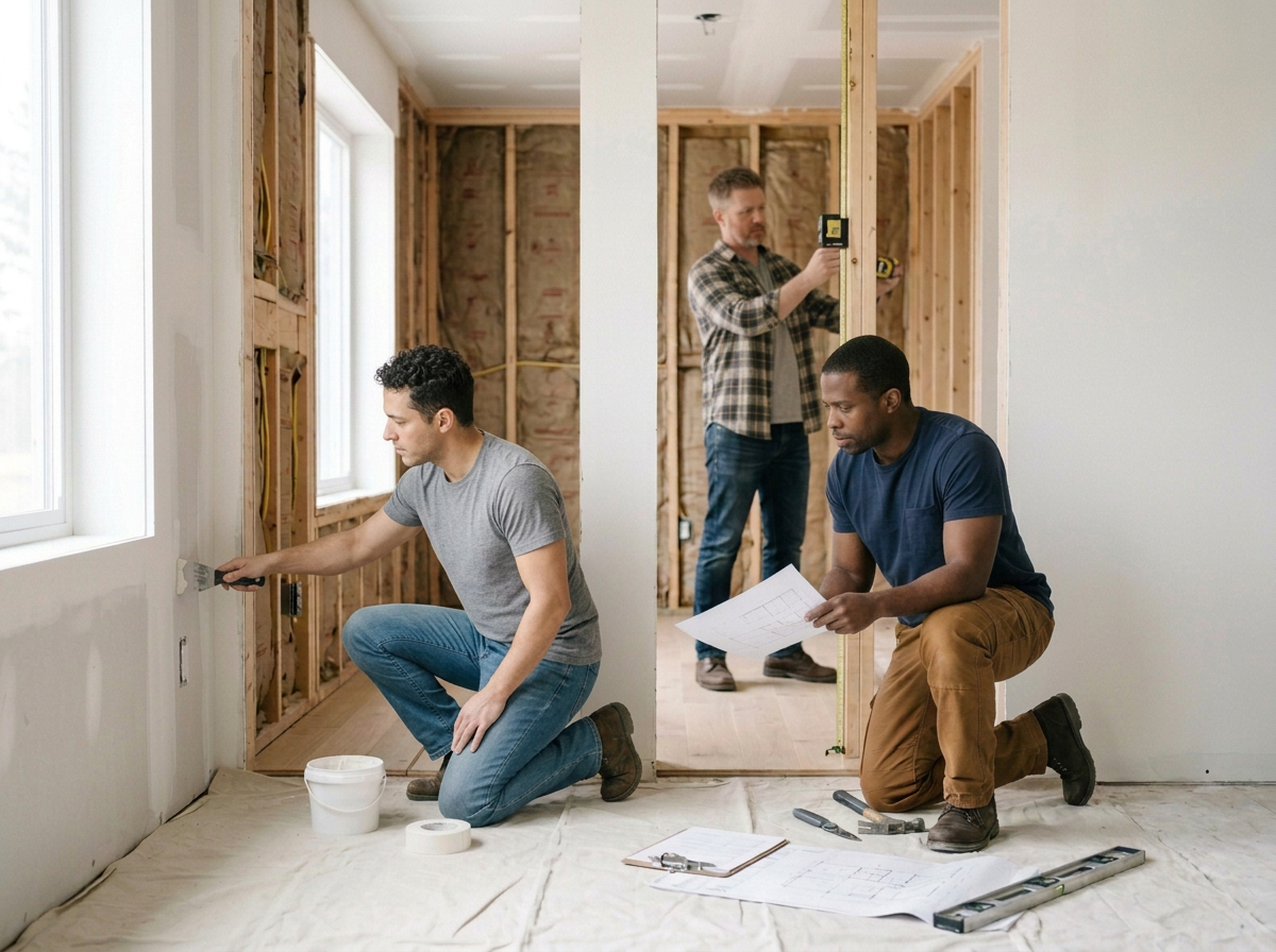 Two men are kneeling on the floor laying drywall, one is painting with a brush, the other is holding blueprints, while a third man is measuring an opening in the wall with a tape measure.