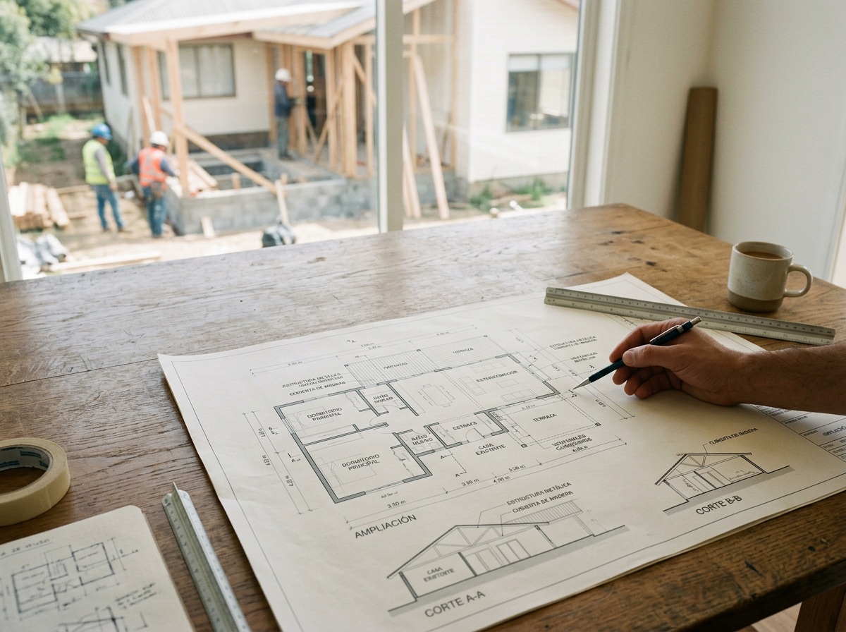 Architectural blueprint on a wooden table with a person drawing, overlooking a construction site with workers assembling a building outside a large window.
