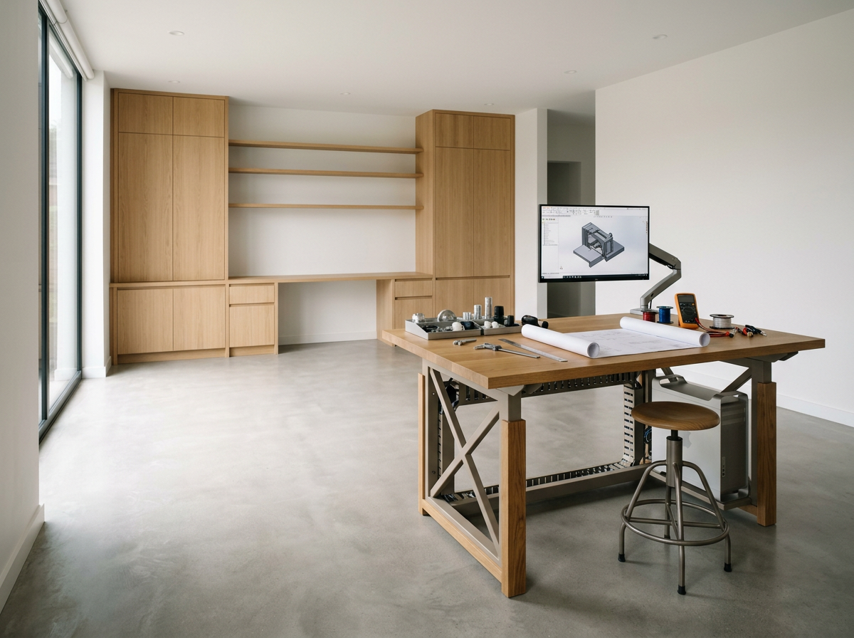 An empty modern home workshop or studio with a wooden work table and a computer. The room has large sliding glass doors, light-colored walls, and built-in wooden shelves and cabinets.