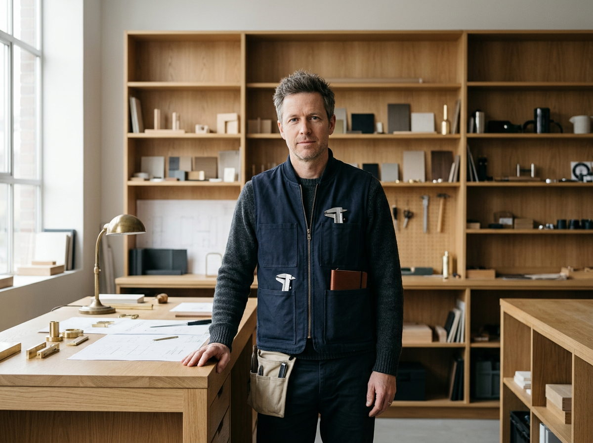 Man standing in a woodworking workshop, wearing a dark vest with tools in the pockets, surrounded by wooden shelves and tables with tools and plans.