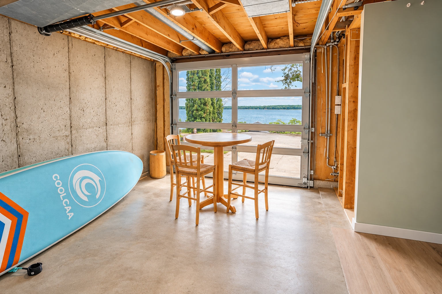 Converted garage with a paddleboard, bar-height table and chairs, and lake views through a glass garage door