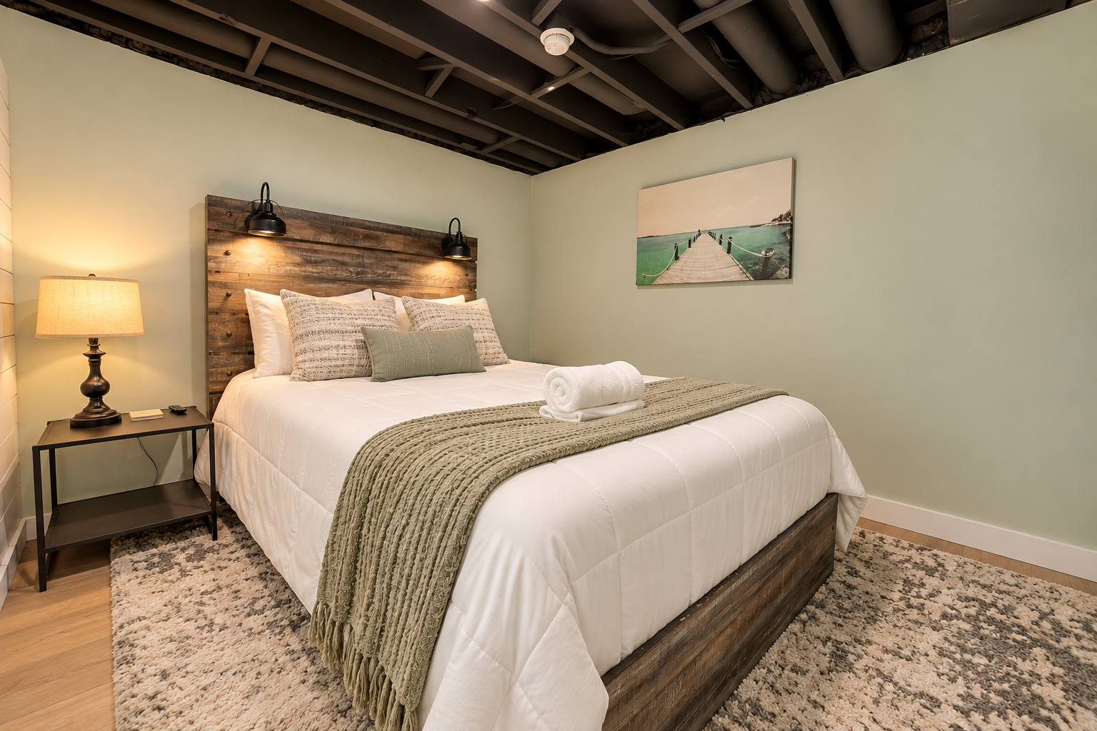 Cozy basement bedroom with a white bed, rustic wood headboard, green throw blanket, bedside lamp, and pier wall art